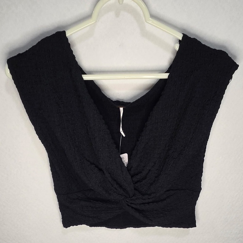 Free People Black Textured Twist Front V-Neck Crop Tank Top S